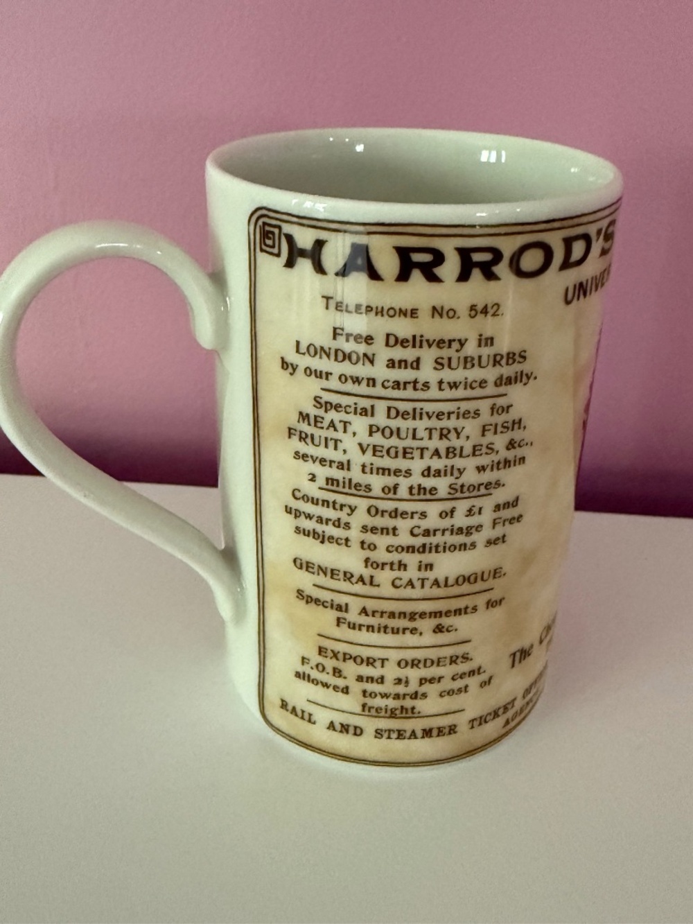 Vintage Fine Bone China Harrods Of London Store Description Mug